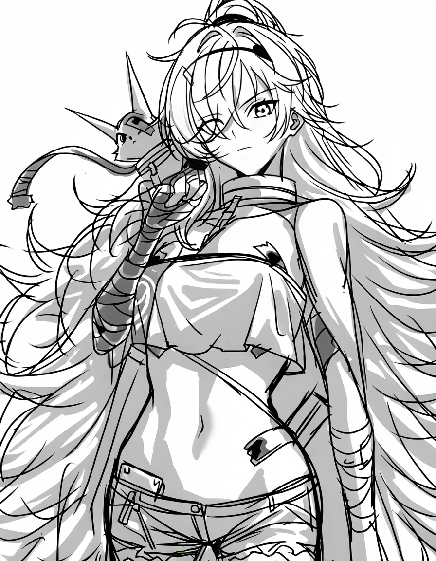 xytx-cihui,anotherstyle2,1girl,solo,monochrome,greyscale,sketch,long hair,bandages,bandaged arm,shorts,simple background,looking at viewer,navel,white background,animal on shoulder,very long hair,
<lora:cihui_noob2:1>,masterpiece,best quality,very aesthetic,absurdres,