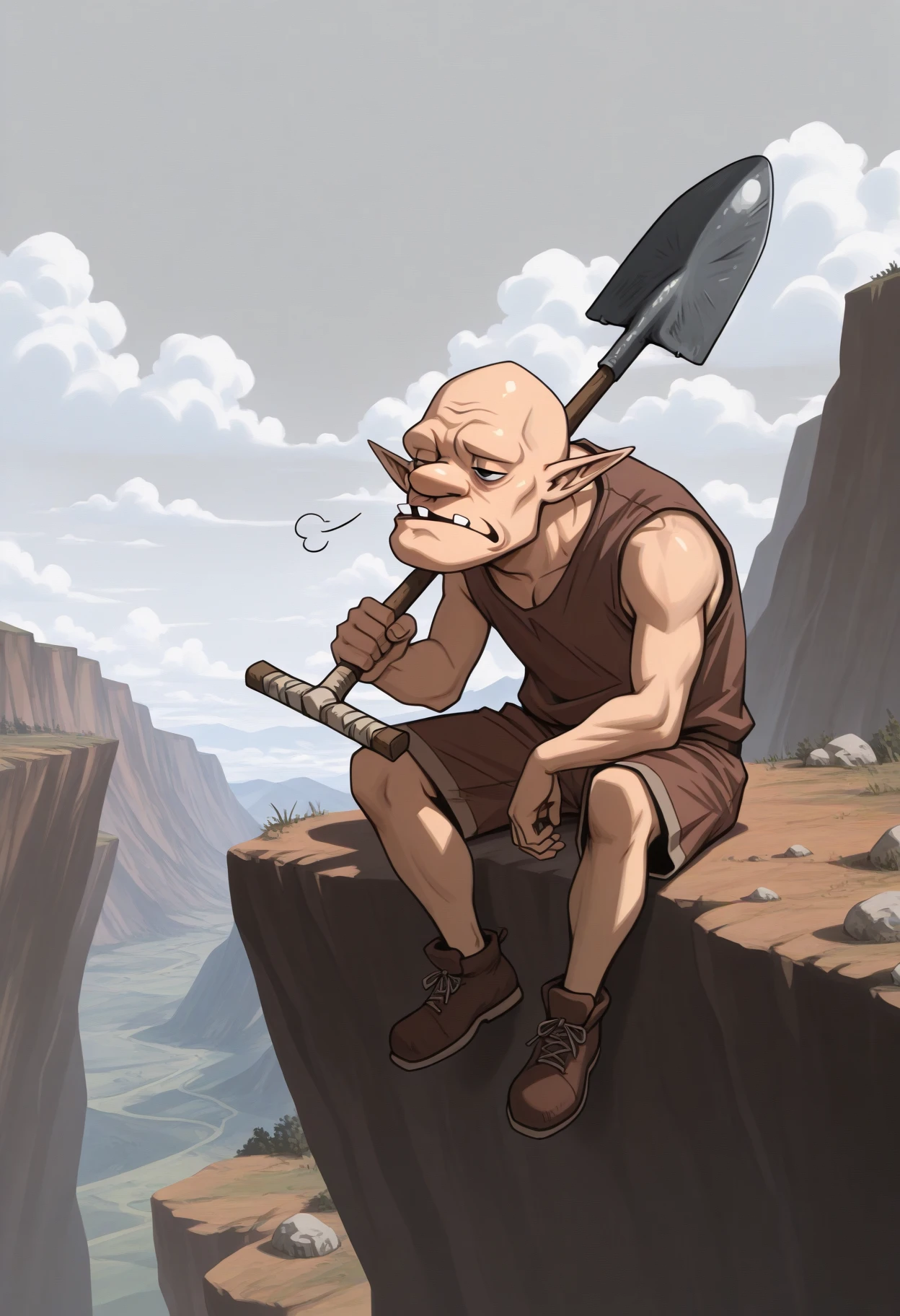 masterpiece, best quality, high quality, wide shot, 1boy, holding shovel, weapon over shoulder, bored, closed mouth, half-closed eyes, <lora:DampeLoZ-illu-000013:1> dampe, bald, big nose, pointy ears, black eyes, open mouth, teeth, sigh, brown shirt, sleeveless shirt, brown shorts, shoes, brown footwear, cliff, landscape, cloud, sitting, rock