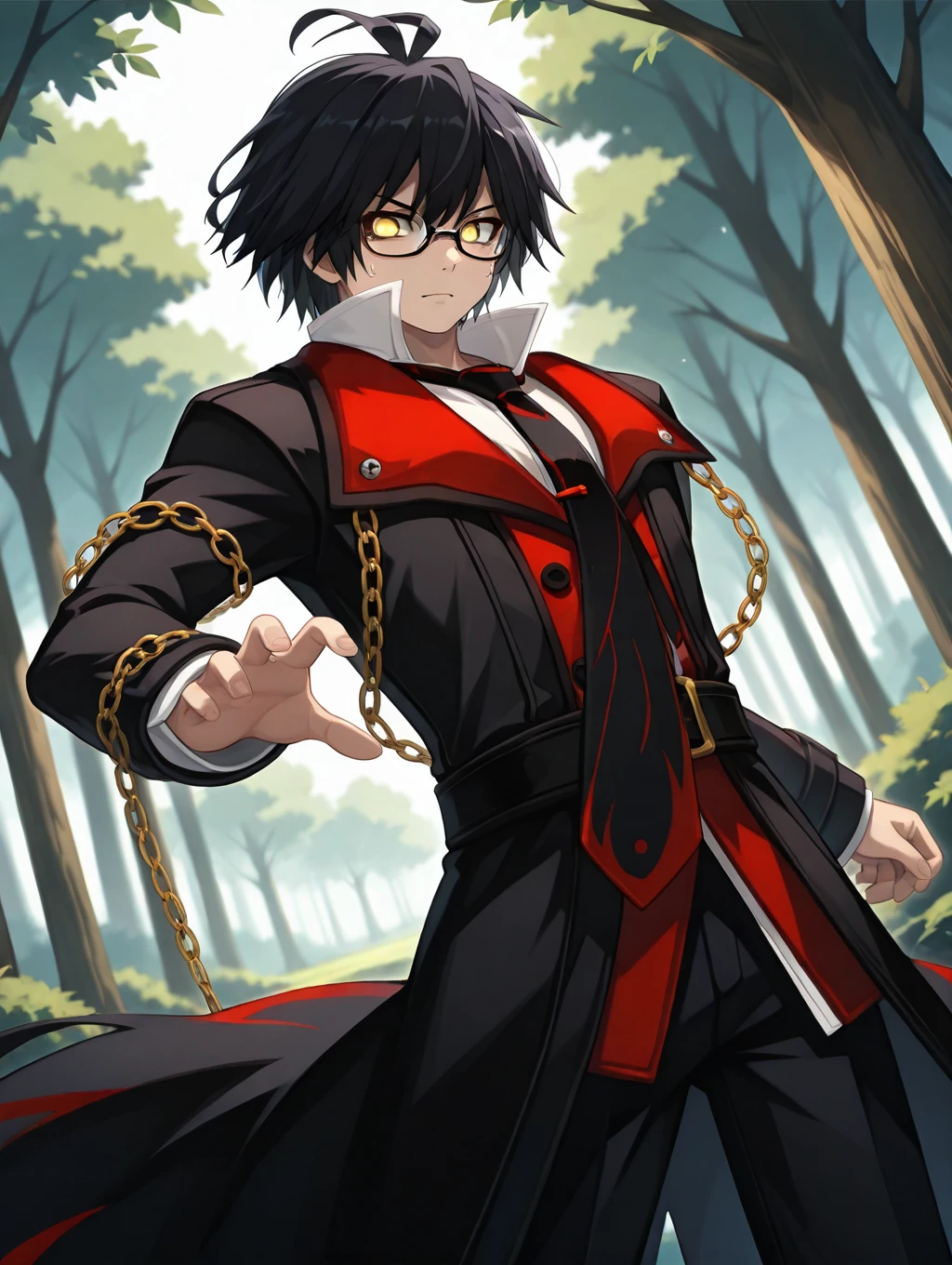 1boy, solo, Nero, short hair, black hair messy hair, double ahoge, antenna hair, yellow eyes, glasses, black jacket, trenchcoat, black clothes, red clothes, white shirt, black and red necktie, red_details_on_jacket, chain on clothes, 

standing, forest, (dynamic pose), ((glowing eyes)), dutch angle, from below,

masterpiece, best quality,amazing quality, very aesthetic, absurdres, depth of field, blurry background, extremely detailed face, detailed eyes