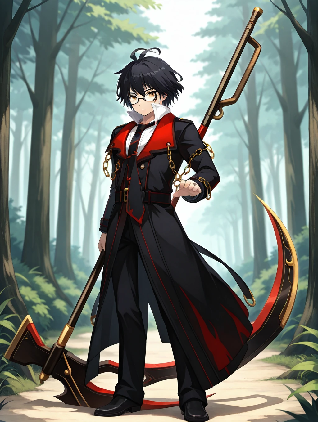 1boy, solo, Nero, short hair, black hair messy hair, double ahoge, antenna hair, yellow eyes, glasses, black jacket, trenchcoat, black clothes, red clothes, white shirt, black and red necktie, red_details_on_jacket, chain on clothes, 

standing, forest, holding scythe, full body,

masterpiece, best quality,amazing quality, very aesthetic, absurdres, depth of field, blurry background, extremely detailed face, detailed eyes