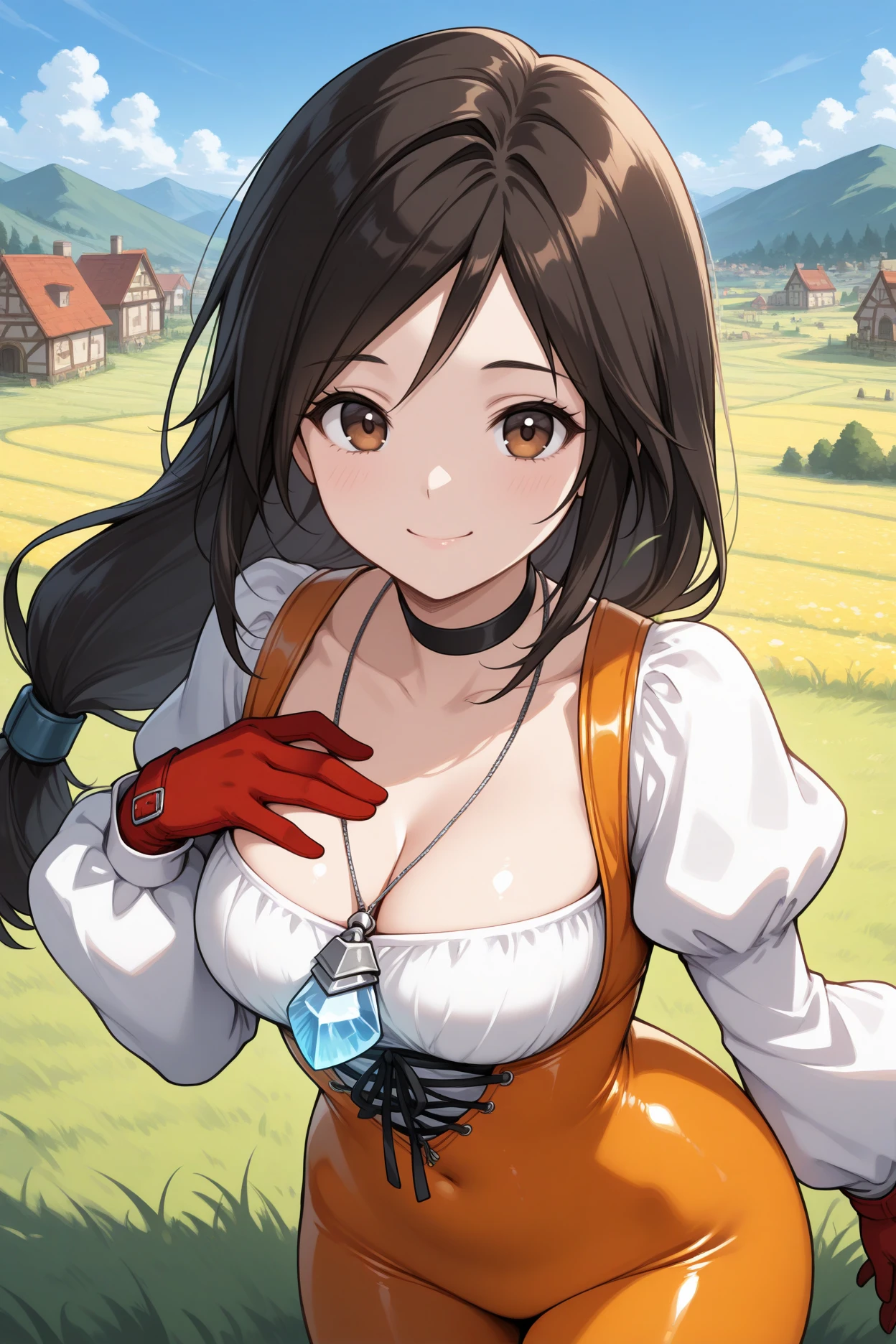 masterpiece, best quality, 1girl, solo,  <lora:ffgarnet-illu-nvwls-v1_1-000007:1> ffixgarnet, black hair, brown eyes, low-tied long hair, pendant, black choker, orange bodysuit, cross-laced bodysuit, cleavage, white shirt, puffy sleeves, white sleeves, red gloves, looking at viewer, smile, happy, blue sky, village, field, grass, upper body, hips, shiny clothes, hand on own chest