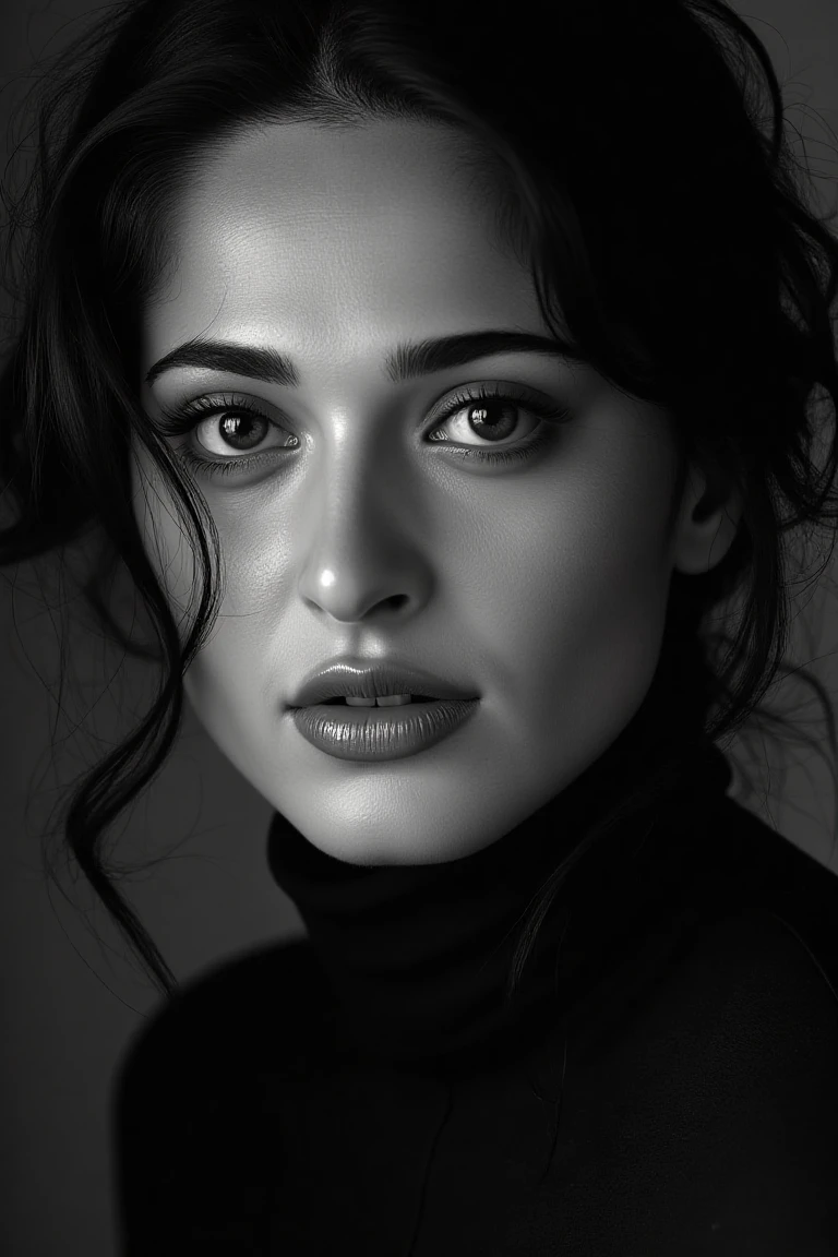 portrait inspired by Peter Lindbergh's photographic style of anushkhasflx, a woman looking directly into the camera with an intimate and deep expression.