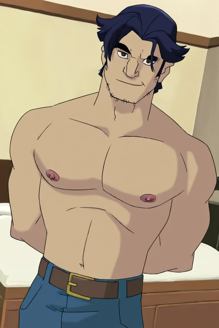 masterpiece, best quality, highres, newest, logan, 1boy, solo, male focus, mature male, short hair, dark blue hair, brown eyes, thick eyebrows, facial hair, stubble, sideburns, muscular, topless male, nipples, blue jeans, brown belt, looking at viewer, smile, cowboy shot, arms behind back, indoors, bedroom <lora:Wolverine (Logan) X-Men Evolution (Only Logan) Lite v1.1 [LoRA] - NoobAI-XL EPS 1.0:0.8>