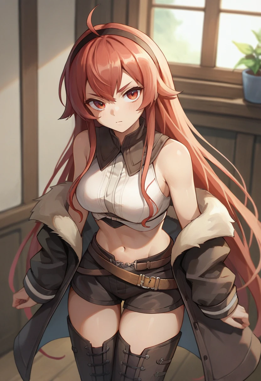 score_9, score_8_up, score_7_up, solo, <lora:add-detail-xl:3>, 
BREAK , <lora:parisa-eris:0.6>, eris, red eyes, red hair, long hair, hairband, ahoge, sleeveless, cropped shirt, black shorts, belt, thigh boots, off-shoulder jacket,,