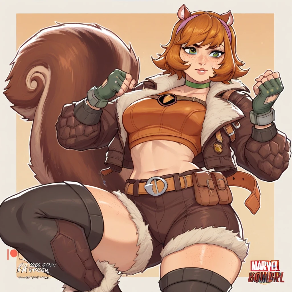 1girl, squirrel girl /(marvel/), green eyes, freckles, hairband, green choker, bomber jacket, orange crop top, green gloves, fingerless gloves, brown thighhighs, orange belt, midriff, brown shorts, fur-trimmed shorts, fur-trimmed boots,