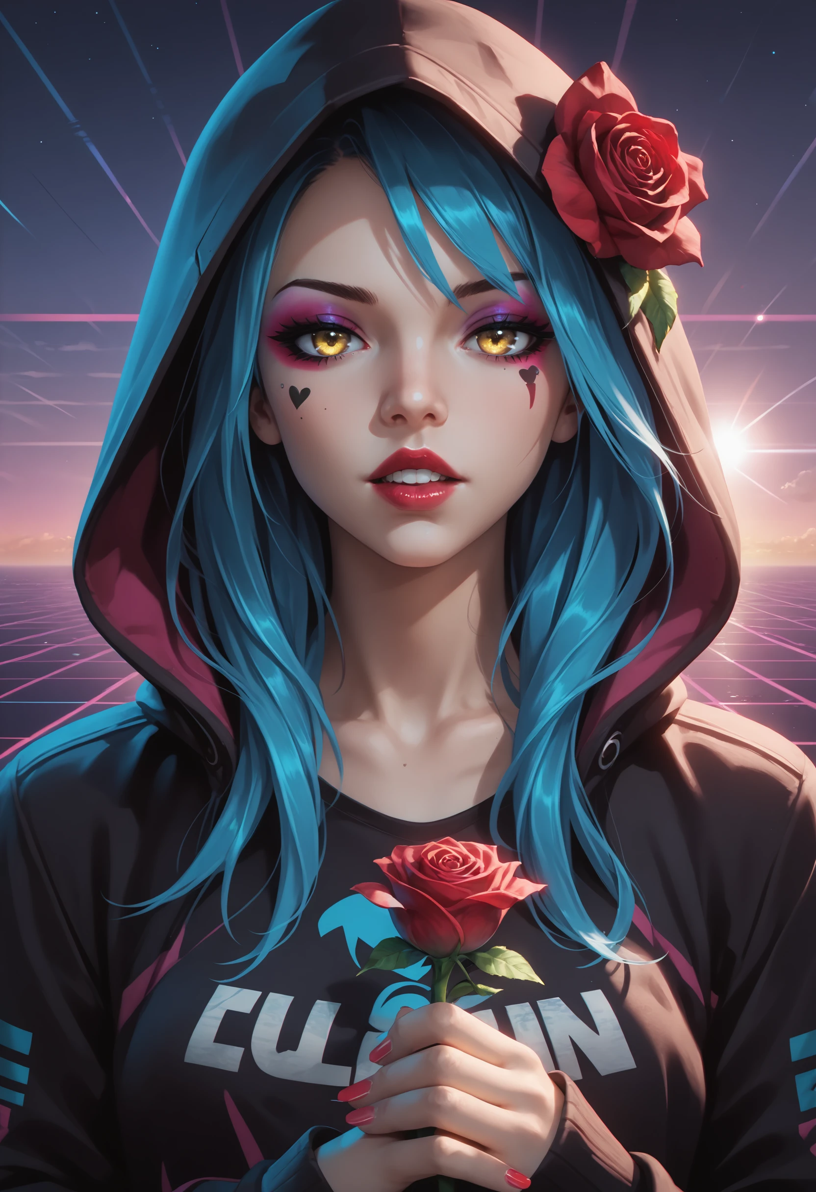 synthwave, vaporwave, synthwave punk, nvinkpunk, (masterpiece, best_quality, ultra-detailed), epic, illustration, render, volumetric lighting, LoFi Aesthetic, (masterpiece, best quality, ultra-detailed, highres), 1girl, blue hair, eyelashes, eyeshadow, fingernails, flower, glowing, heart, hood, hood up, lips, lipstick, long hair, looking at viewer, makeup, red flower, red rose, rose, solo, teeth, open mouth, yellow eyes, (fantasy), (lens flare, light leak, prismastic), Unreal Engine 5, (side-lighting), rule of thirds, 4 point perspective, vantage point, realistic illustrated PonyXLV6_Scores Aesthetic_PDXL