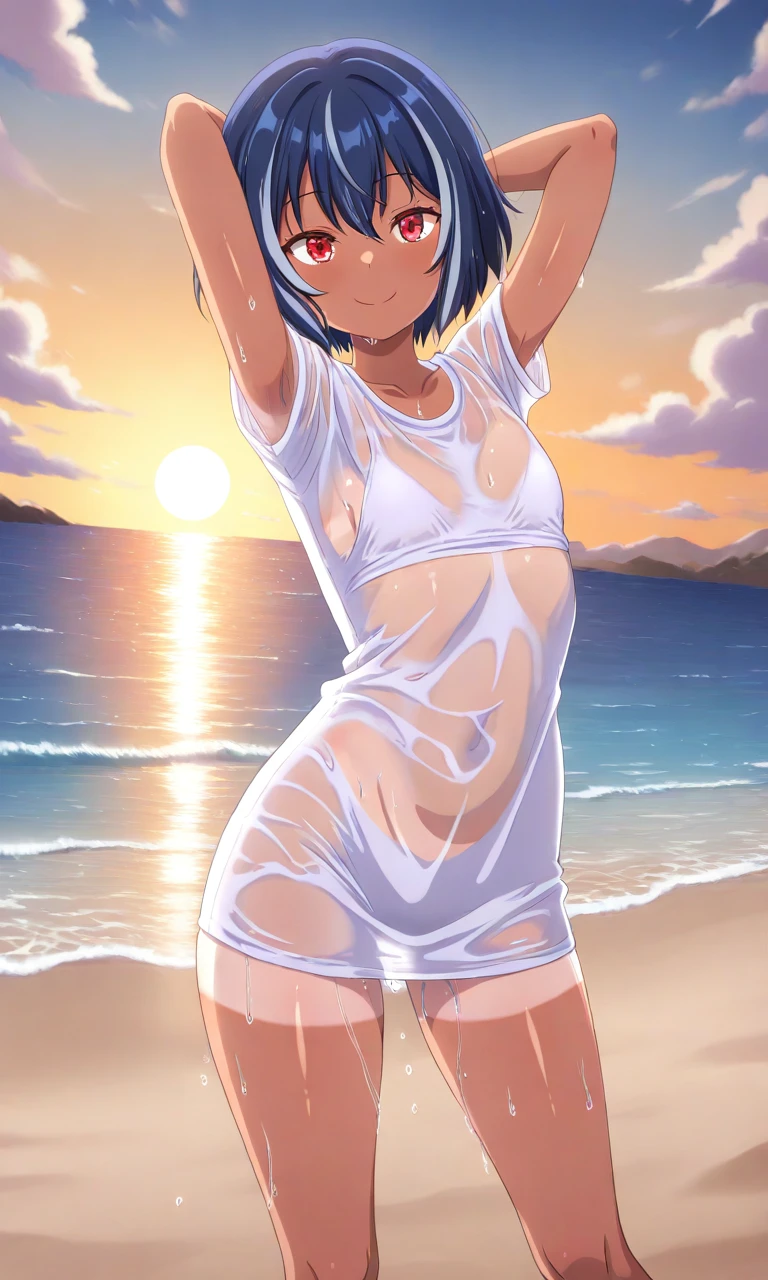 1girl, standing on beach, arms behind head, smiling, wet skin, dynamic pose, wearing only wet Tshirt, sunset,ChieG, Crimson eyes, flat chested, pale skin, dark tan, Short hair, Dark Blue Hair with silver highlights 