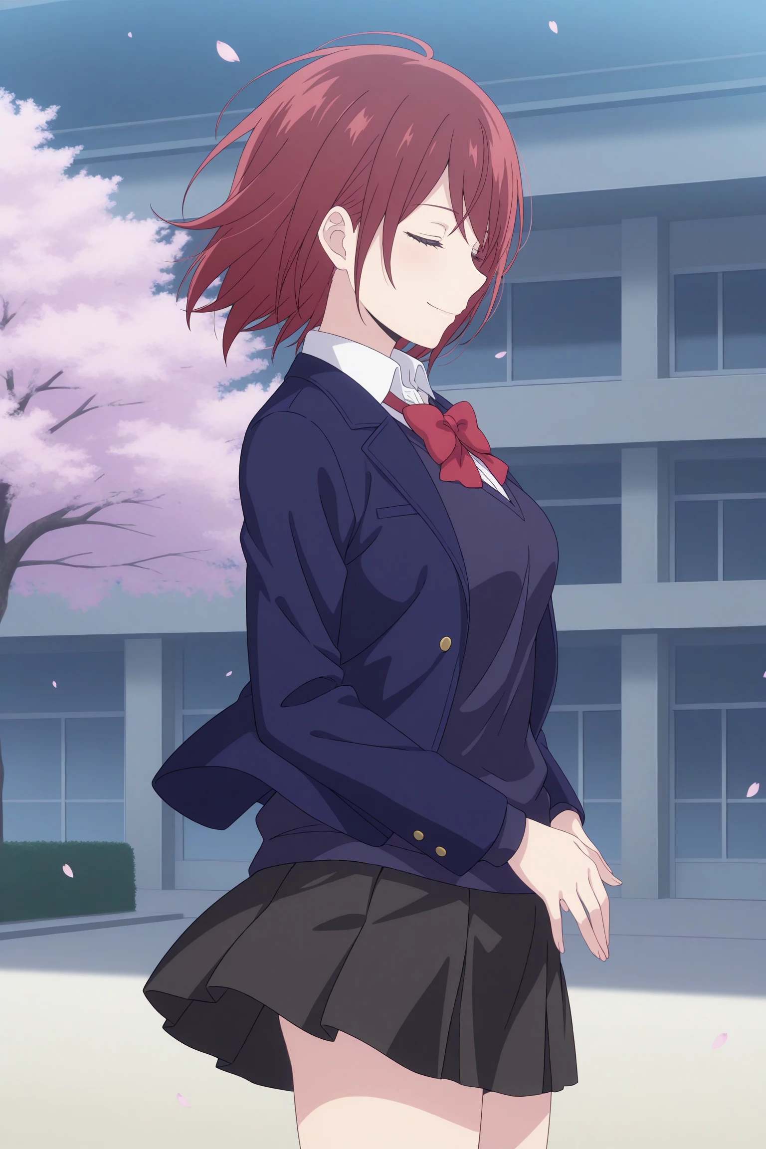 masterpiece, best quality, amazing quality, highres, absurdres, very aesthetic, high resolution, ultra detailed, perfect details, 1girl, outdoors, school, cherry blossoms, (falling petals:1.5), medium breasts, ebato sanae, short hair, red hair, swept bangs, closed eyes, school uniform, long sleeves, blue jacket, open jacket, white shirt, collared shirt, red bowtie, blue sweater, black skirt, pleated skirt, black kneehighs, loafers, <lora:Sanae_Ebato:0.8>, (aged up:1.2), (cowboy shot:1.4), (pose:1), smile, (from side:1.5), (wind:1.4), (floating hair:1.1)