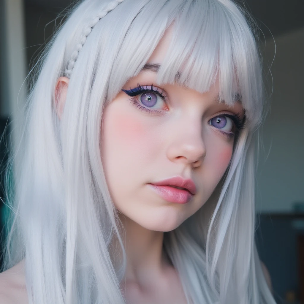 RealEmiliaFlux, purple eye, white hair, <lora:RealEmiliaFlux:1>