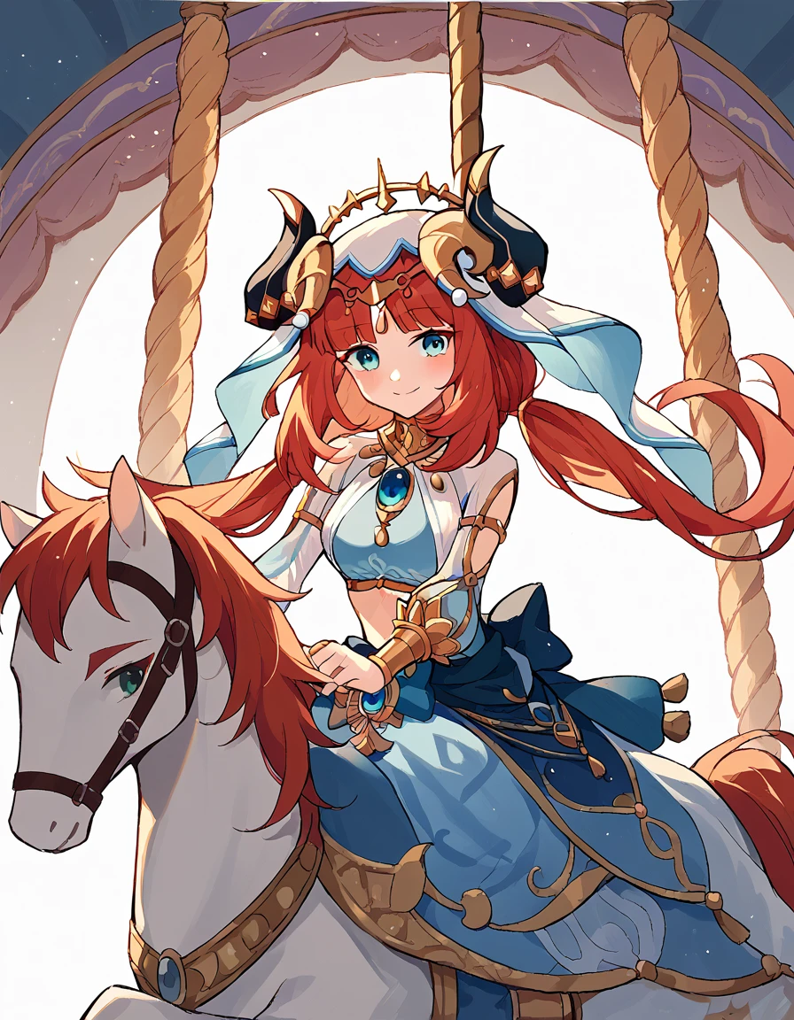 score_9, score_8_up, score_7_up, source_anime, <lora:genshin-nilou-ponyxl-lora-nochekaiser:1> nilou, red hair, twintails, blue eyes, long hair, medium breasts, <lora:carousel-ponyxl-lora-nochekaiser:1>, carousel, sitting, riding,, blush, smile, casual dress, solo,,