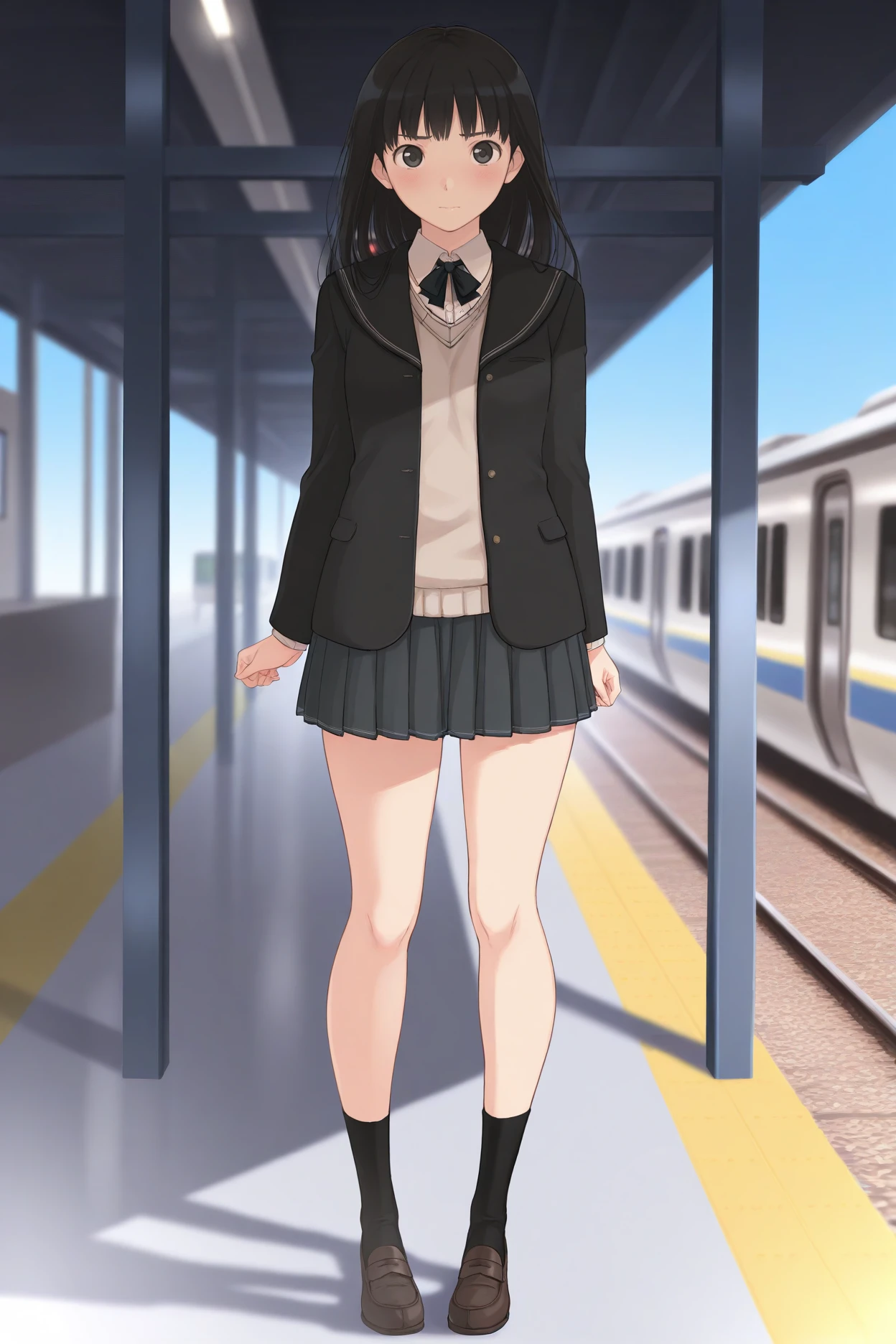 masterpiece, best quality, 1girl, solo, <lora:ayatsujitsukasa-illu-nvwls-v1:1> amatsu, black hair, long hair, black eyes, black blazer, black sailor collar, neck ribbon, collared shirt, beige sweater vest, grey miniskirt, pleated skirt, black socks, loafers, standing, full body, train station, looking at viewer, blush, blue sky