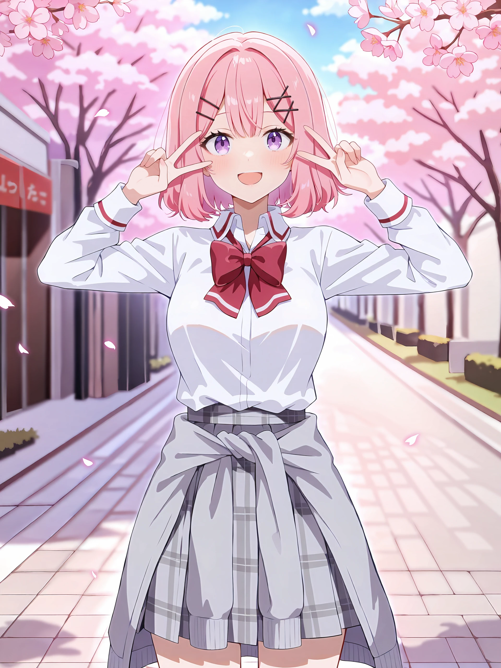 1girl, amaori renako, solo, purple eyes, hairclip, school uniform, pleated skirt, plaid skirt, white collared shirt, red bowtie, clothes around waist, double v, looking at viewer, smile, open mouth, standing, cowboy shot, outdoors, street, cherry blossoms, petals, depth of field , <lora:Char-Amaori_Renako-V1-IL:0.9>
masterpiece,best quality, amazing quality, very aesthetic, absurdres, newest