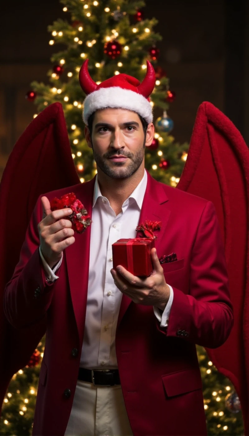 <lora:Lucifer:0.9> lucifer, a man with facial hair, wears a santa suit and hat and devil wings. He holds christmas gift in front of a christmas tree