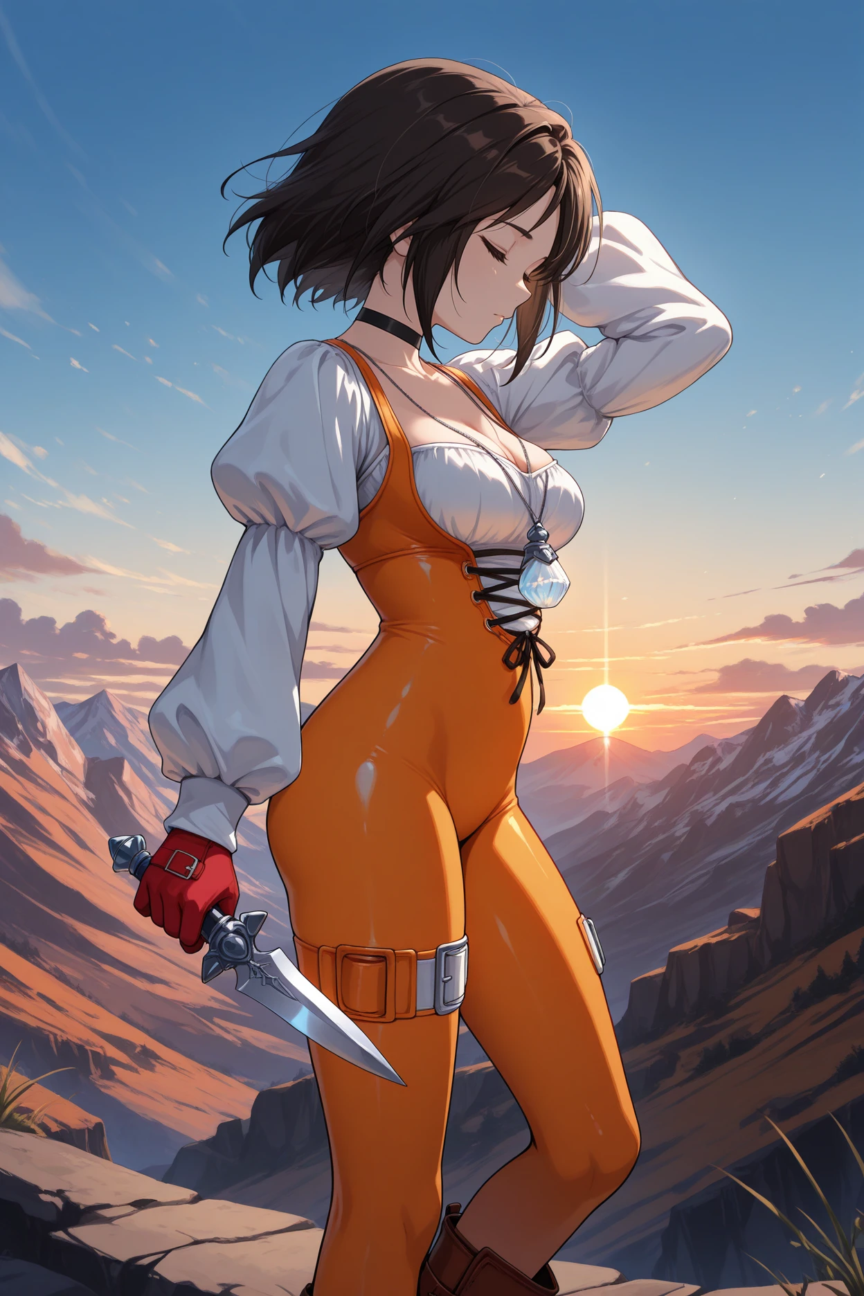 masterpiece, best quality, 1girl, solo,  <lora:ffgarnet-illu-nvwls-v1_1-000007:1> ffixgarnet, black hair, brown eyes, short hair, pendant, black choker, orange bodysuit, cross-laced bodysuit, cleavage, white shirt, puffy sleeves, white sleeves, red gloves, thigh strap, brown boots, medium breasts, holding dagger, closed eyes, arm up, standing, from side, arm behind head, blue sky, sunset, mountains, wide shot