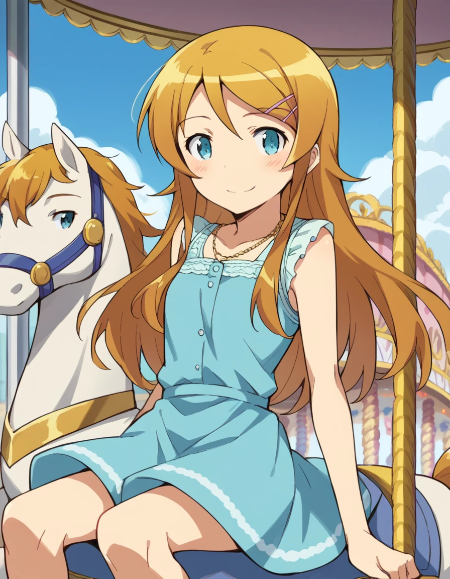 score_9, score_8_up, score_7_up, source_anime, <lora:kirino-kousaka-s2-ponyxl-lora-nochekaiser:1>, kirino kousaka, long hair, blue eyes, hair ornament, hairclip, orange hair, aqua eyes, <lora:carousel-ponyxl-lora-nochekaiser:1>, carousel, sitting, riding,, blush, smile, casual dress, solo,,