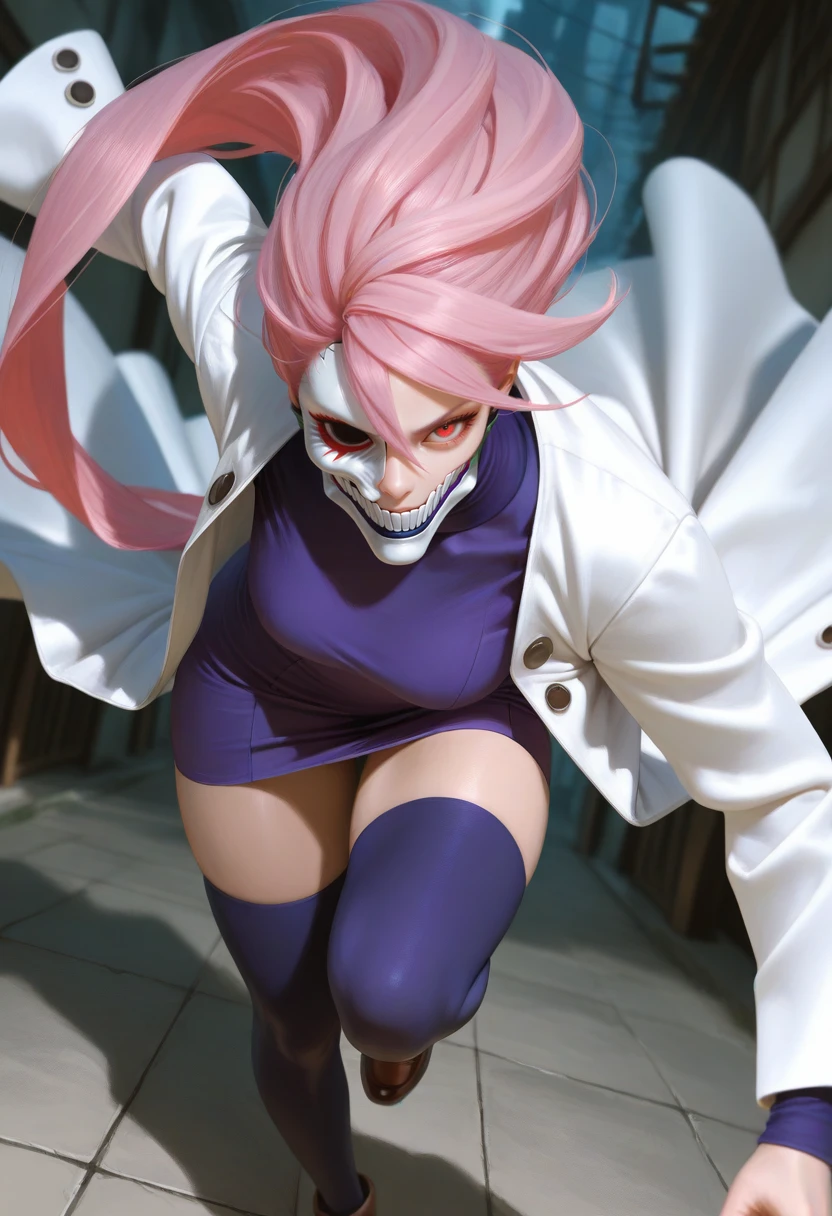 masterpiece, best quality, realistic,
dynamic pose, dynamic angle, fighting stance,
 <lora:Aira Dandadan [IL]:0.9> 1girl, aira, pink hair, red eyes, mask, white mouth mask, long hair ||2.  white long coat, turtle neck, long purple dress, thigh highs, shoes,