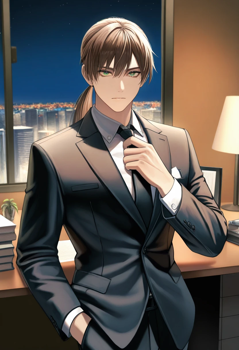 masterpiece, best quality, newest, absurdres, highres, <lora:RyuIllustDOA:0.9>, HYBSRYNG, 1boy, solo, brown hair, green eyes, ponytail, office, suit, suit jacket, pants, white undershirt, collared shirt, adjusting necktie, looking at viewer, night,