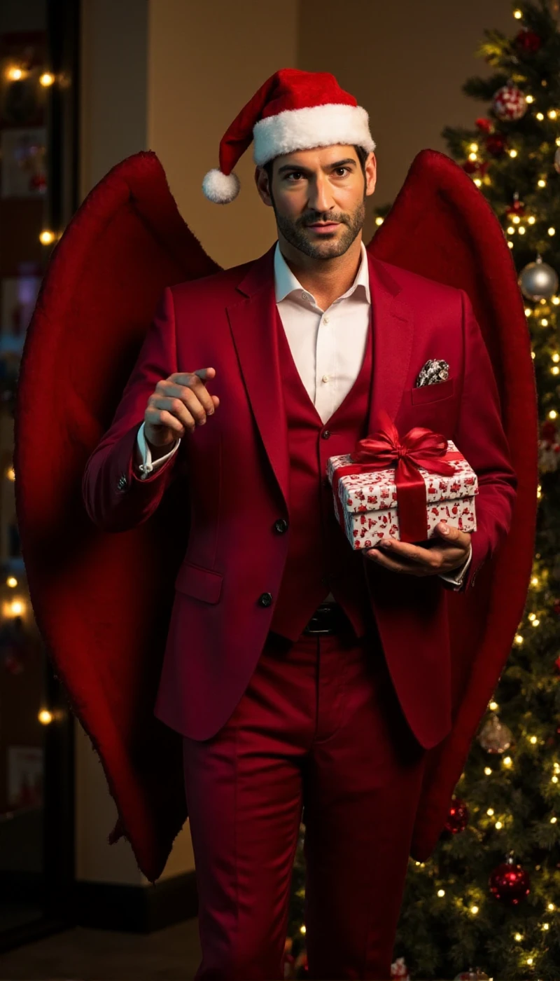 <lora:Lucifer:0.9> lucifer, a man with facial hair, wears a santa suit and hat and devil wings. He holds christmas gift in front of a christmas tree