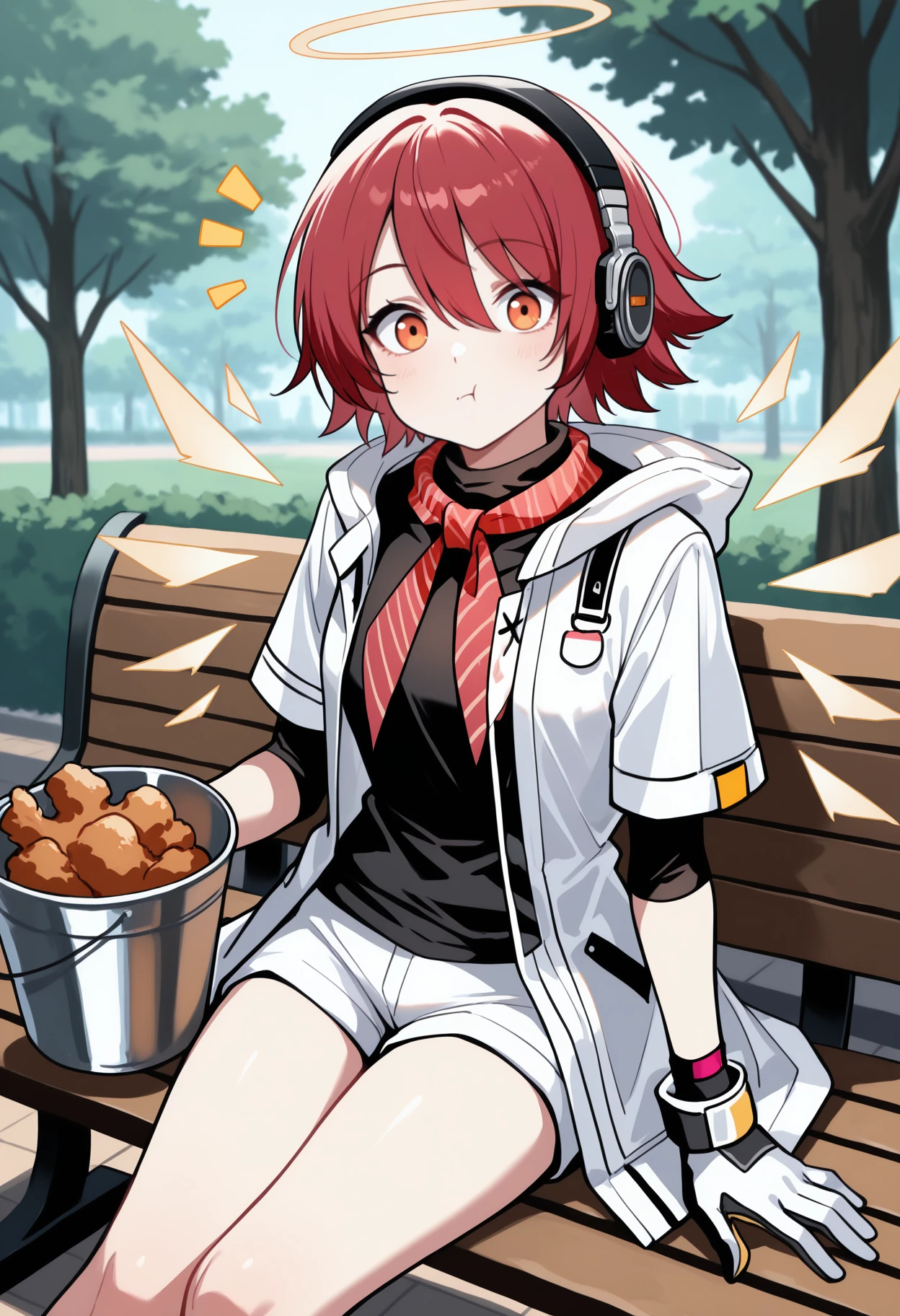 masterpiece, best quality, solo, 1girl, exicity, detached wings, energy wings, surprised, :t, looking at viewer, sitting, park bench, holding bucket, food, fried chicken, bucket of chicken, notice lines, short hair, red hair, hair between eyes, headphones, halo, orange eyes, see-through clothes, white coat, hooded coat, hood down, open coat, short sleeves, black shirt, red neckerchief, two-tone gloves, white gloves, yellow gloves, white shorts, short shorts, outdoors, day, tree
<segment:yolo-Anzhc Face seg 640 v2 y8n.pt,0.4,0.5//cid=1>