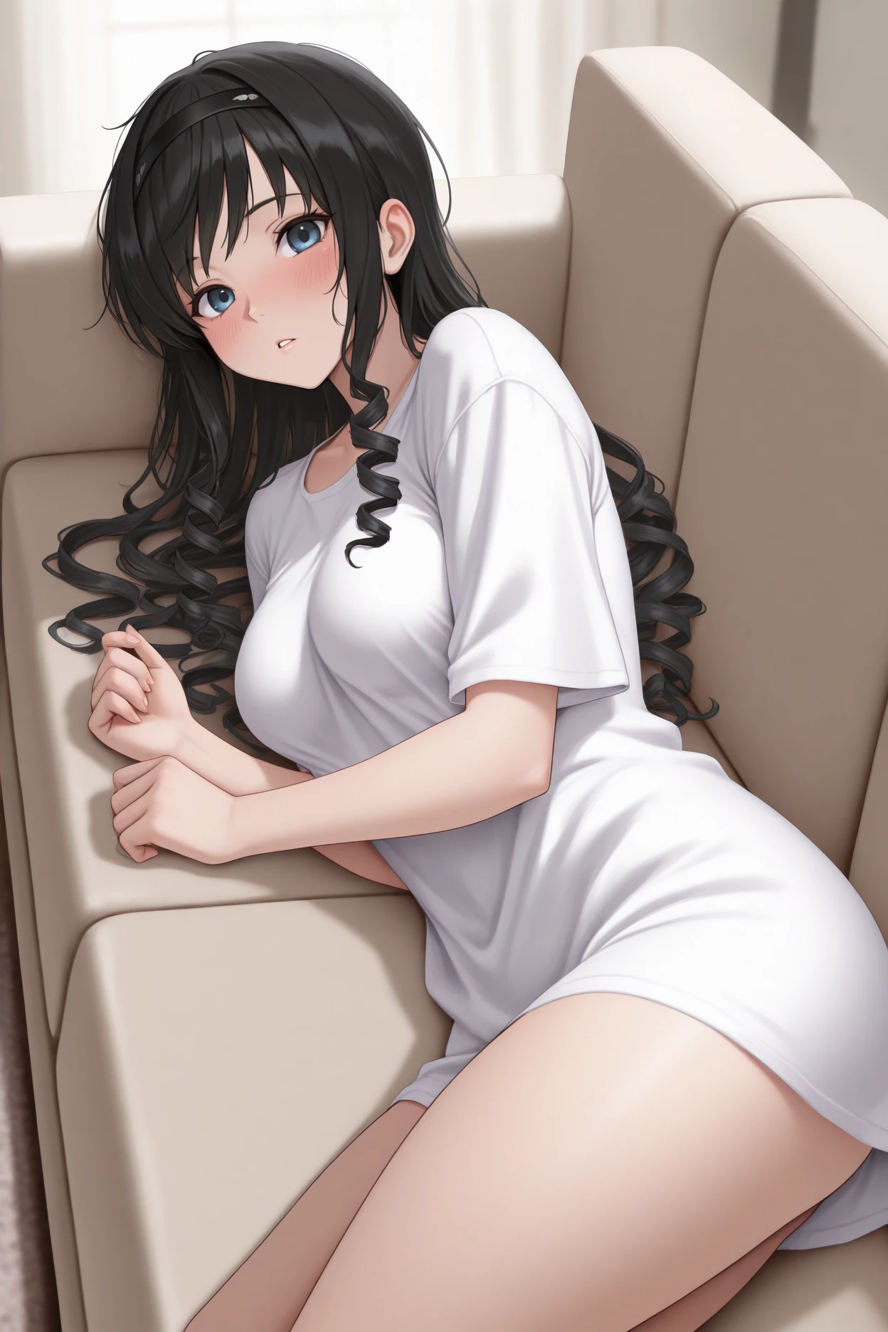 masterpiece, best quality, 1girl, solo, <lora:morishimaharuka-illu-nvwls-v1-000005:1> amaMH, black hair, drill hair, long hair, blue eyes, black hairband, white t-shirt, oversized shirt, no pants, lying on side, medium breasts, tired, looking at viewer, blush, parted lips, couch, sofa, living room