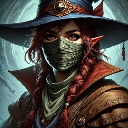 A portrait of  a wizard women orc with a large hat and bandages around the mouth  and heterochromia eyes