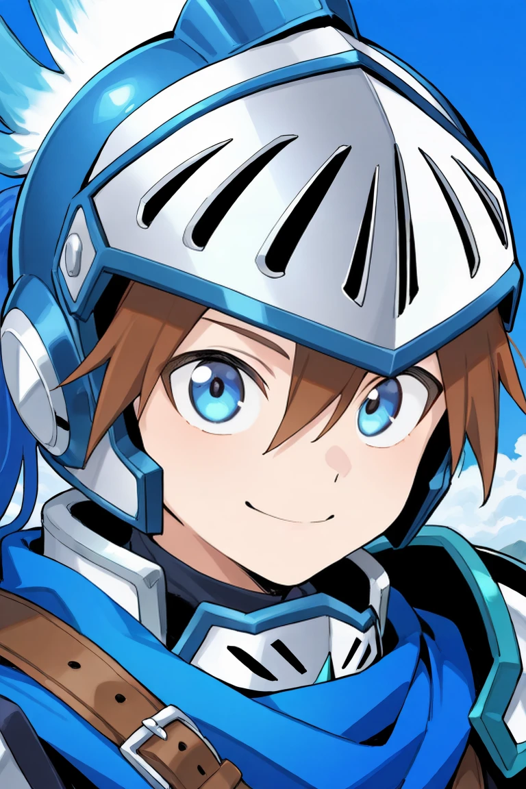 <lora:DurantIL:0.8> , durdef, 1boy, brown hair, short hair, hair between eyes, blue eyes, helmet, blue plume, multicolored plume, visor \(armor\), armor, blue scarf, shoulder belt, single pauldron, shoulder armor, portrait, face, close-up, smile, blue sky, noon, background, detailed, background, , solo, masterpiece, best quality, amazing quality, very aesthetic, high resolution,