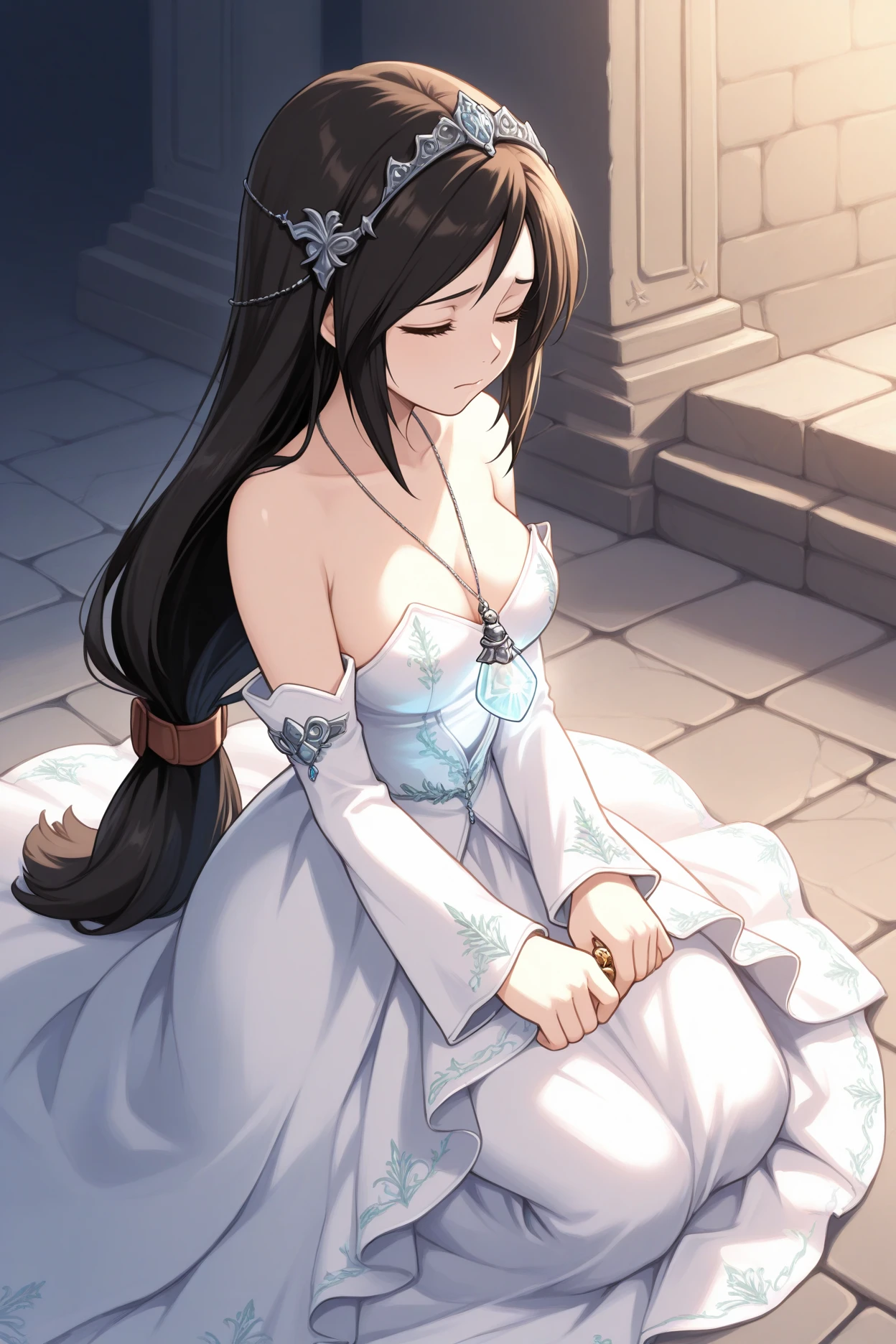 masterpiece, best quality, 1girl, solo, <lora:ffgarnet-illu-nvwls-v1_1-000007:1> ffixgarnet, black hair, brown eyes, low-tied long hair, tiara, pendant, strapless dress, white dress, wedding dress, detached sleeves, closed eyes, kneeling, sad, holding pendant, glowing pendant, stone floor, medium breasts