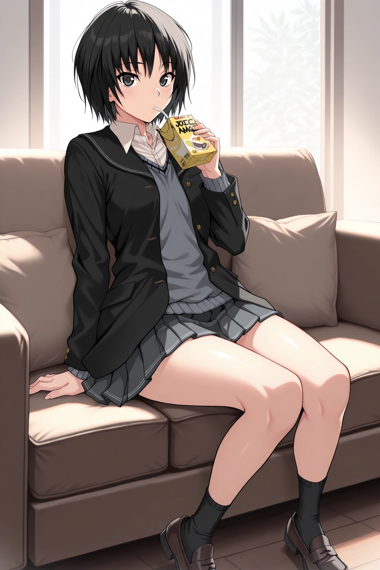 masterpiece, best quality, 1girl, solo, <lora:nanasakiai-illu-nvwls-v1-000005:1> amagamiai, black hair, short hair, black eyes, black blazer, black sailor collar, collared shirt, grey sweater vest, grey miniskirt, pleated skirt, black socks, loafers, sitting, couch, indoors, juicebox, drinking, drinking straw, hand up, looking at viewer