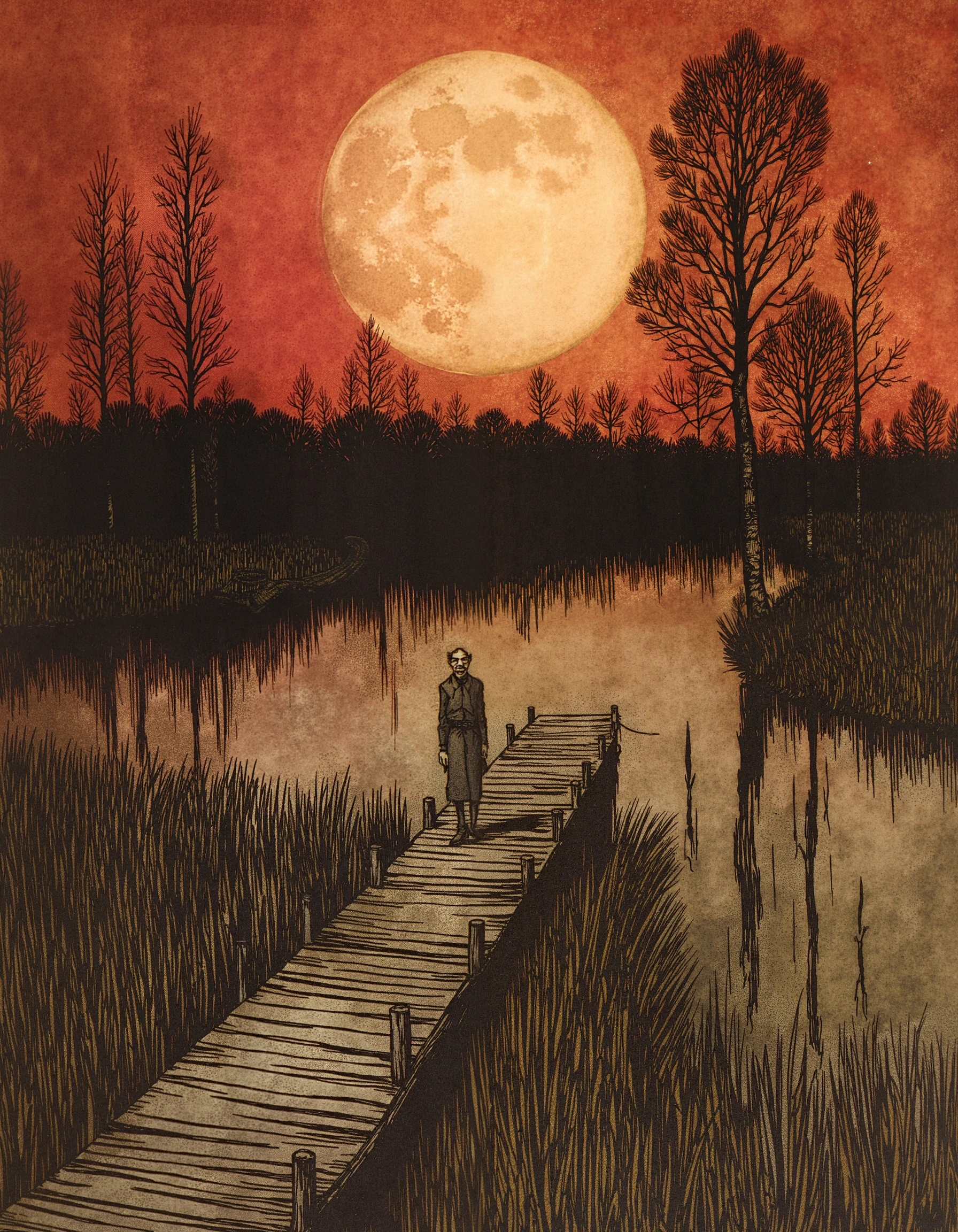 Comic book style,linquivera,Ink illustration,(anime:0.5),brown tones,aged black red paper,inkpunk,moonlight,ink stains,ink splashes,drips,surreal,a man standing on a dock in swampy wetlands,(at a distance),Will-o'-the-wisp,moonlit,lonely,solitude,windy,tall trees,willows,willowy,OverallDetail,extremely detailed,UHD,(long exposure , dystopian but extremely beautiful:1.4), In the style of grimmold<lora:Grimmold.safetensors:1.0:1.0>