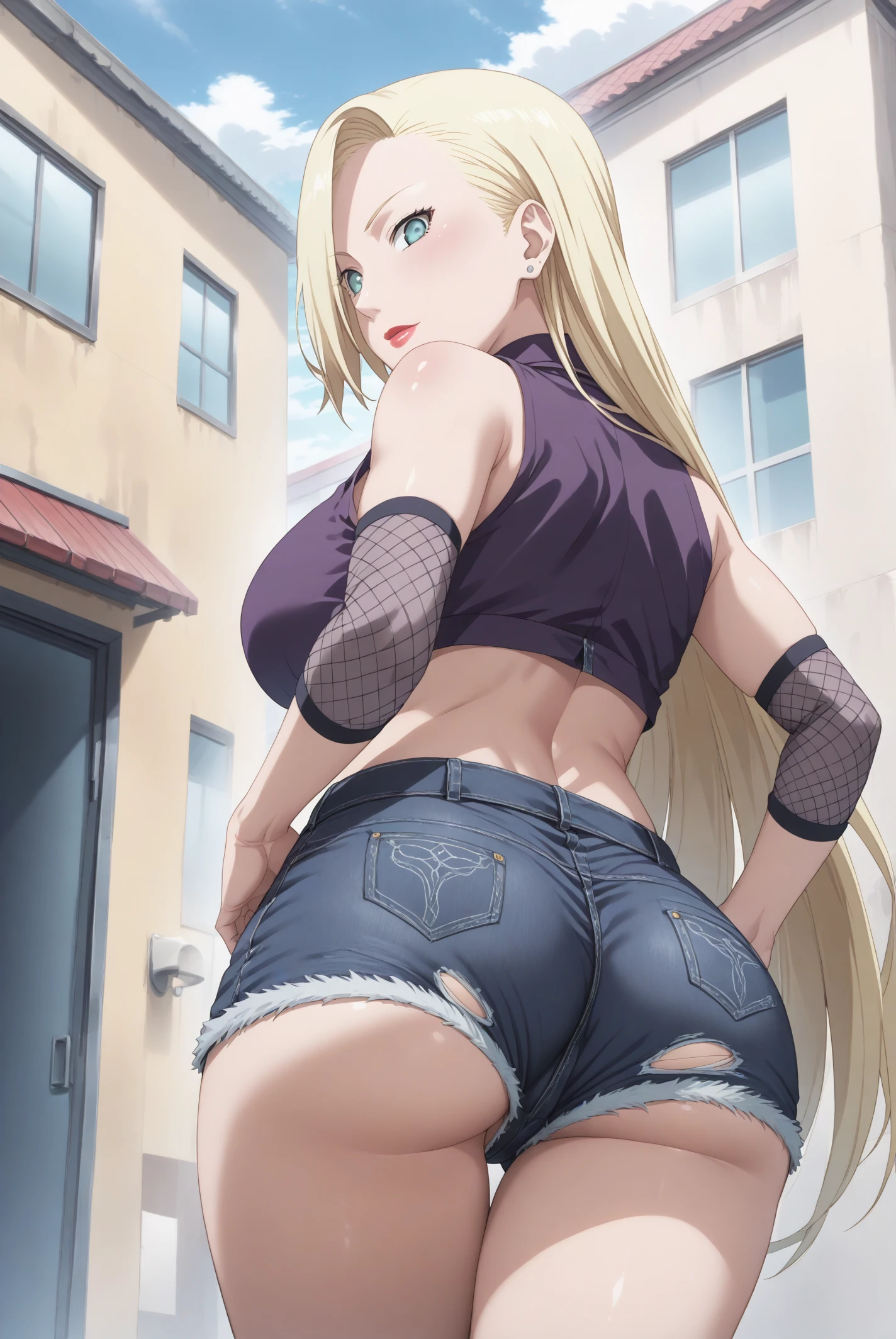 score 9, score 8 up, score 7 up, high res image, masterpiece, best quality, source anime, intricate details, anime screencap, official style, solo, 1girl, ino yamanaka, blank period, florida outfit, long hair, voluptuous, ass, booty, lipstick, cute face, clear skin, shiny hair, purple high-collared blouse, mesh arm warmers, torn shorts, denim shorts, outdoors, tokyo city, hands on hip, upper body, from below, candid shot, looking back at viewer, <lora:ino_yamanaka_pony:1>,