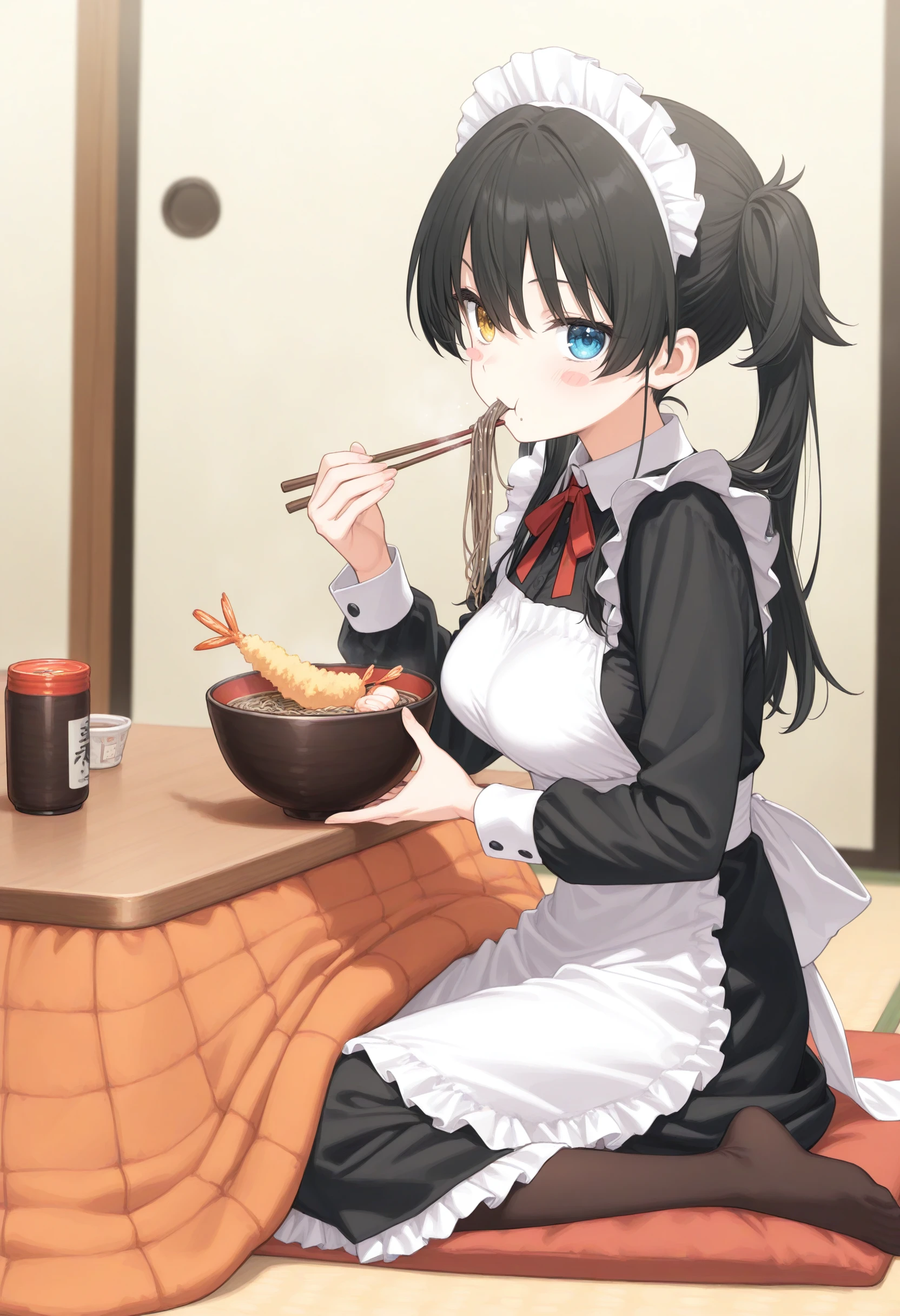 1girl,(sho \(sho lwlw\):0.7),(toosaka asagi:0.5),(sincos:0.3),solo,
masterpiece, best quality, newest, absurdres, CG, anime, source anime, illustration,
maid, maid headdress,medium breasts,
soba, table, eating, kotatsu, noodles, holding chopsticks, bowl, long sleeves, shrimp tempura, steam, kamaboko, food in mouth, hand up, under table,  <lora:soba_Illust_v1:0.8>
from side, feet out of frame, looking at viewer, black hair, heterochromia,blush stickers, closed mouth, tri tails hair,