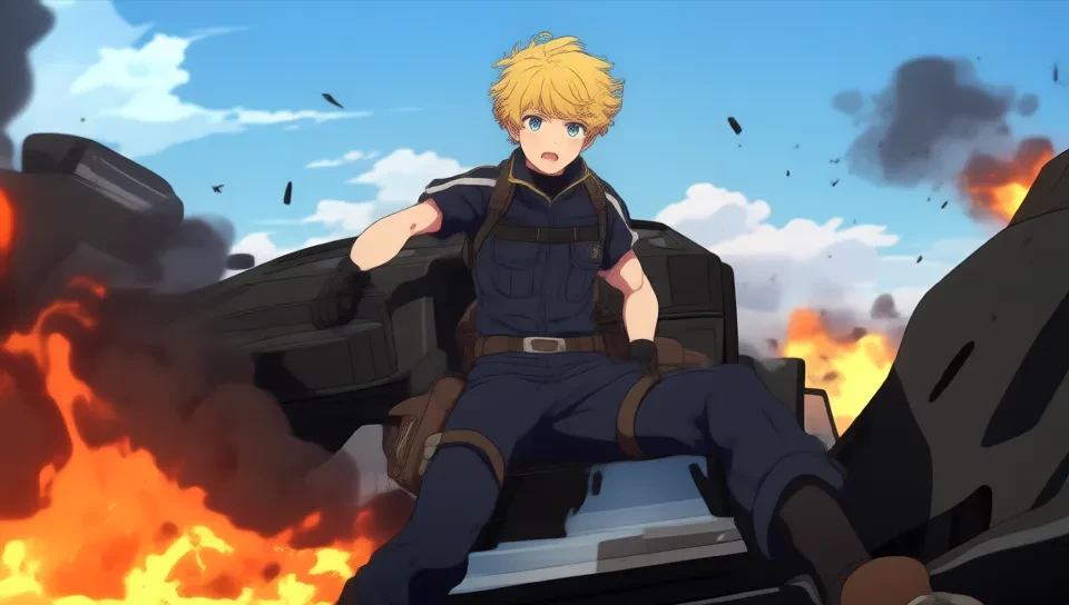 anime boy with messy blonde hair and sky-blue eyes, wearing a pilot’s jumpsuit, climbing out of a giant mecha surrounded by a battlefield of smoking wreckage.
