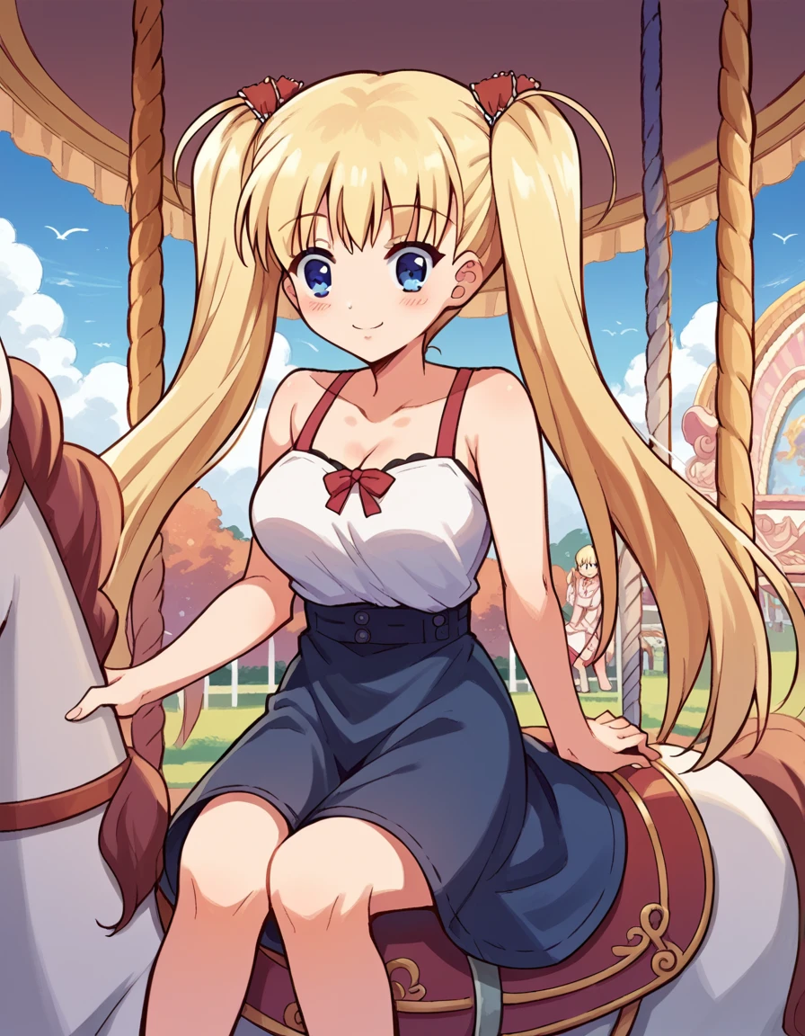 score_9, score_8_up, score_7_up, source_anime, <lora:airi-akizuki-ponyxl-lora-nochekaiser:1>, airi akizuki, long hair, blue eyes, blonde hair, twintails, large breasts, <lora:carousel-ponyxl-lora-nochekaiser:1>, carousel, sitting, riding,, blush, smile, casual dress, solo,,