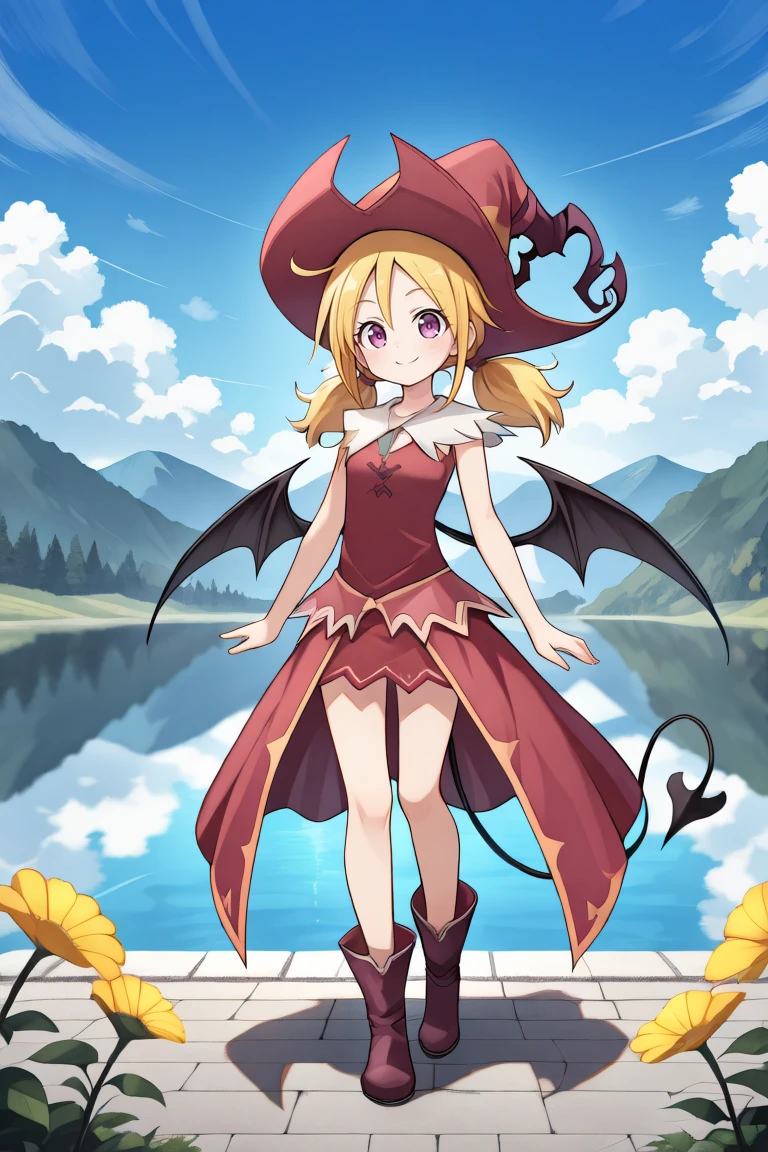 <lora:WitchYggIL:0.85>, widef, 1girl, blonde hair, low twintails, purple eyes, witch, red witch outfit, witch hat, bat wings, tail, dress, showgirl skirt, boots, full body, standing, looking at viewer, serene, elegant, graceful, smile, detailed background, highly detailed, exterior, lake, blue sky, clouds, daylight, flowers, , solo, masterpiece, best quality, amazing quality, very aesthetic, high resolution,