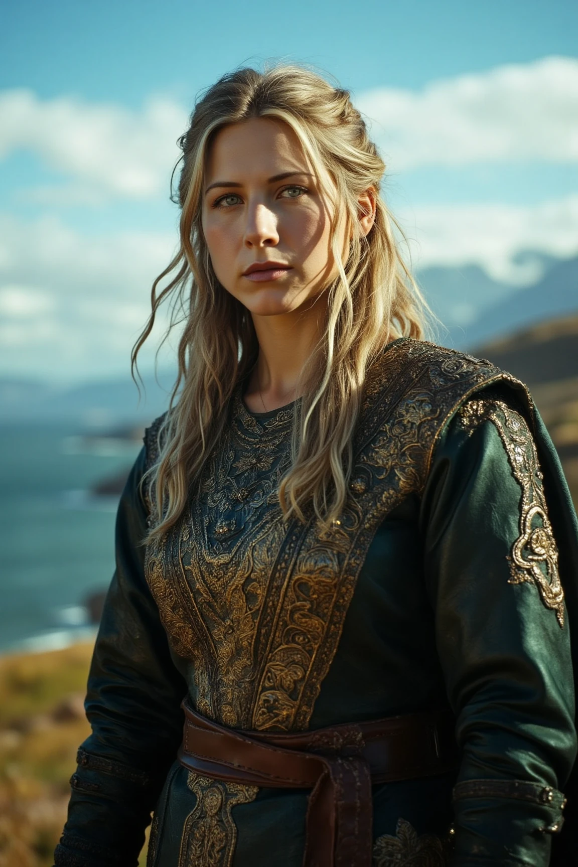 film shot of a beautiful viking queen stands tall, her viking attire glistening under soft even lighting. Her medium-bodied figure is centered in a medium-shot, as she locks eye contact with the viewer, her gaze piercing through the landscape behind. Every detail of her face and eyes are meticulously rendered, inviting us into this world. blue sky.