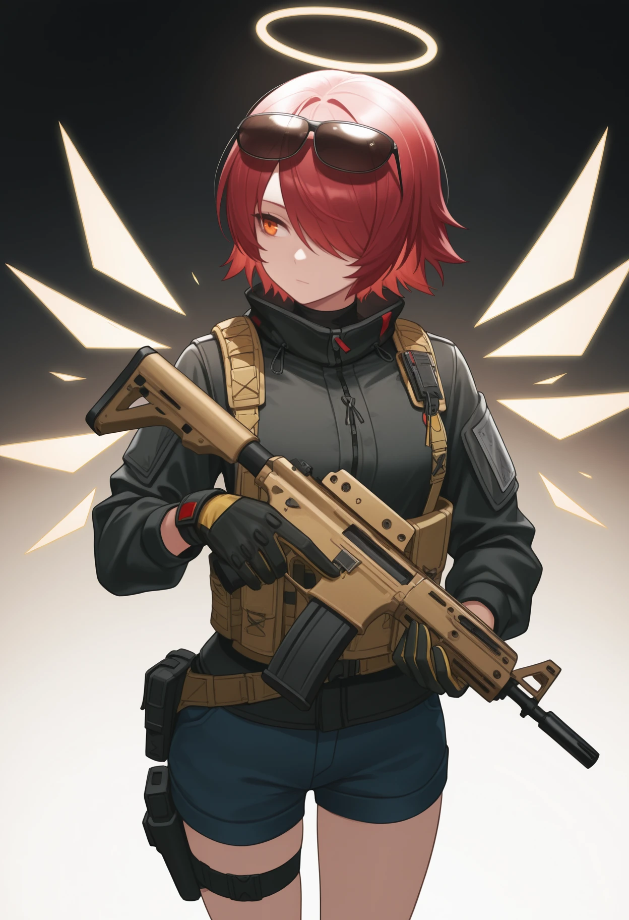 masterpiece, best quality, solo, 1girl, exiwdop, detached wings, energy wings, expressionless, looking to the side, standing, holding gun, assault rifle, two-handed, optical sight, short hair, red hair, hair over one eye, sunglasses, eyewear on head, halo, orange eyes, tactical clothes, black jacket, sleeves past elbows, load bearing vest, two-tone gloves, black gloves, yellow gloves, thigh holster, blue shorts, short shorts, belt pouch
<segment:yolo-Anzhc Face seg 640 v2 y8n.pt,0.4,0.5//cid=1>