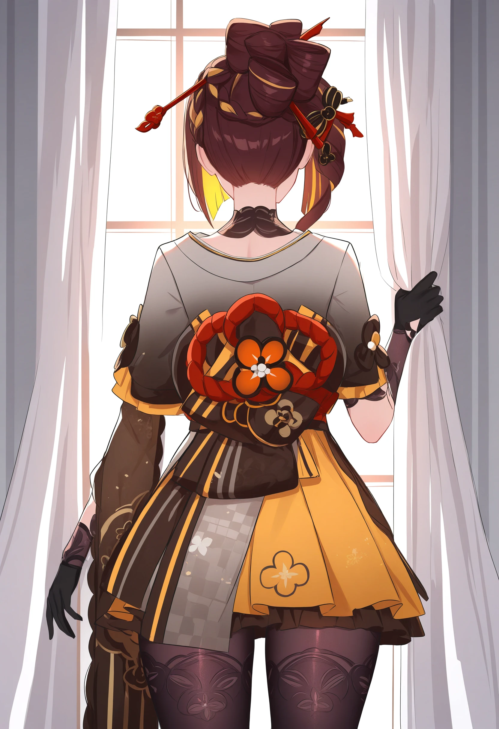 masterpiece, best quality, newest, absurdres, highres, solo, 
<lora:wrenchGIChiorillu:1>, wrnchgichiori, multicolored hair, brown hair, blonde hair, red eyes, long hair, ponytail, 
hair ornament, hair stick, 
kimono, black pantyhose, black gloves, sash, obi, yellow skirt, grey kimono, short sleeves, wide sleeves, standing, near window, white curtains, light breeze, from behind, holding curtain in one hand,