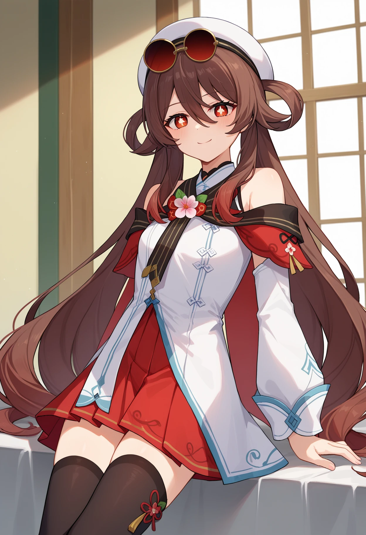 score_9, score_8_up, score_7_up, source_anime,
BREAK
1girl, solo, 
<lora:shiHuTaoCherryV1:1>,
shihucherry, alternate costume, official alternate costume, 
long hair, very long hair, 
brown hair, red eyes, twintails, flower-shaped pupils, hair between eyes, 
sunglasses, eyewear on head, tinted eyewear, 
white headwear, white hat, white shirt, bare shoulders, off shoulder,  detached sleeves, 
white dress, red skirt, black thighhighs, 
looking at viewer, smile,