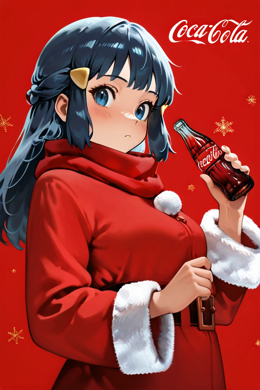 masterpiece, best quality,  CocaColaSanta, solo, santa costume, holding, bottle, red background,  zzDawn, blue hair, blue eyes, sidelocks, long hair, scarf,  <lora:DawnPokemonIXL_e07:0.8>   ,<lora:CocaColaSantaIXL_v2:1.0>,