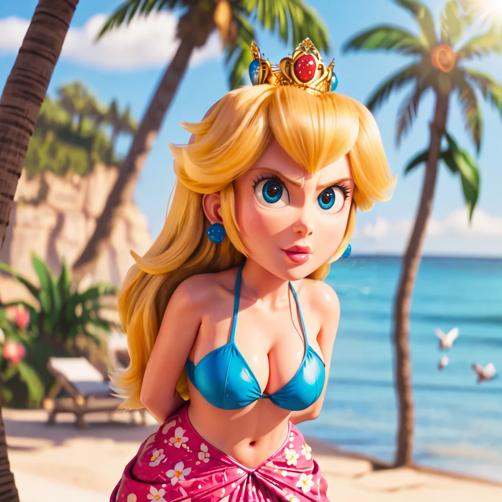 <lora:peachmovie_pony_v1:0.8> Peach, princess peach, 1girl,  blonde hair,  long hair, blue eyes,  lips,, wearing a bikini, wearing a floral pattern skirt, at a tropical beach, (sunlight), palm trees, flying birds, radiant light, ray tracing, optical flare, sunglare, perfect face, perfect eyes, sharp focus, big breasts