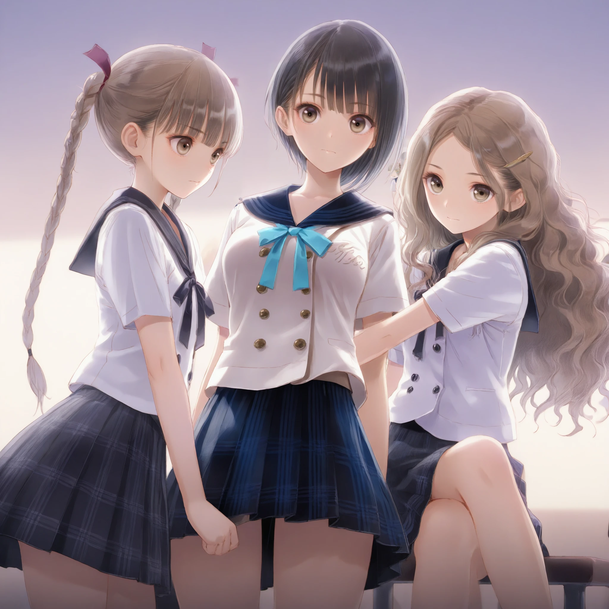 masterpiece, highres,best quality,<lora:blue_reflection_(series)_Ill-001:1>, shijou yuzuki, 3girls, school uniform serafuki, 
shirai hinako, 3girls, reflector1, black hair, school uniform serafuki, 
shijou raimu, 3girls, school uniform serafuki