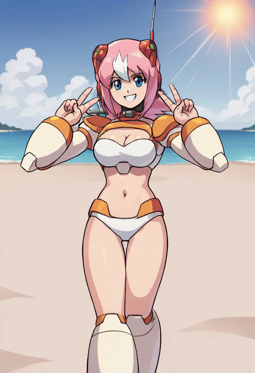 score_9, score_8_up, score_7_up, score_6_up, score_5_up, anime screencap, anime coloring, source_anime, retro_artstyle,
NanaMMX, 1girl, android, robot joints, pink hair, white hair, two-tone hair, multicolored hair, antenna, robot ears, blue eyes, white bikini, navel, cleavage, breasts
standing, 1girl, solo, looking at viewer, v, double v, victory pose, grin, teeth, standing
sand, beach, water, cityscape, sun, sun's ray, sunlight, harsh sunlight, clouds, blue sky, day