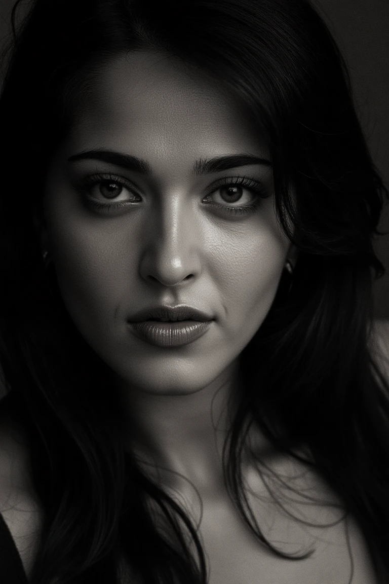 portrait inspired by Peter Lindbergh's photographic style of anushkasflx, a woman looking directly into the camera with an intimate and deep expression.