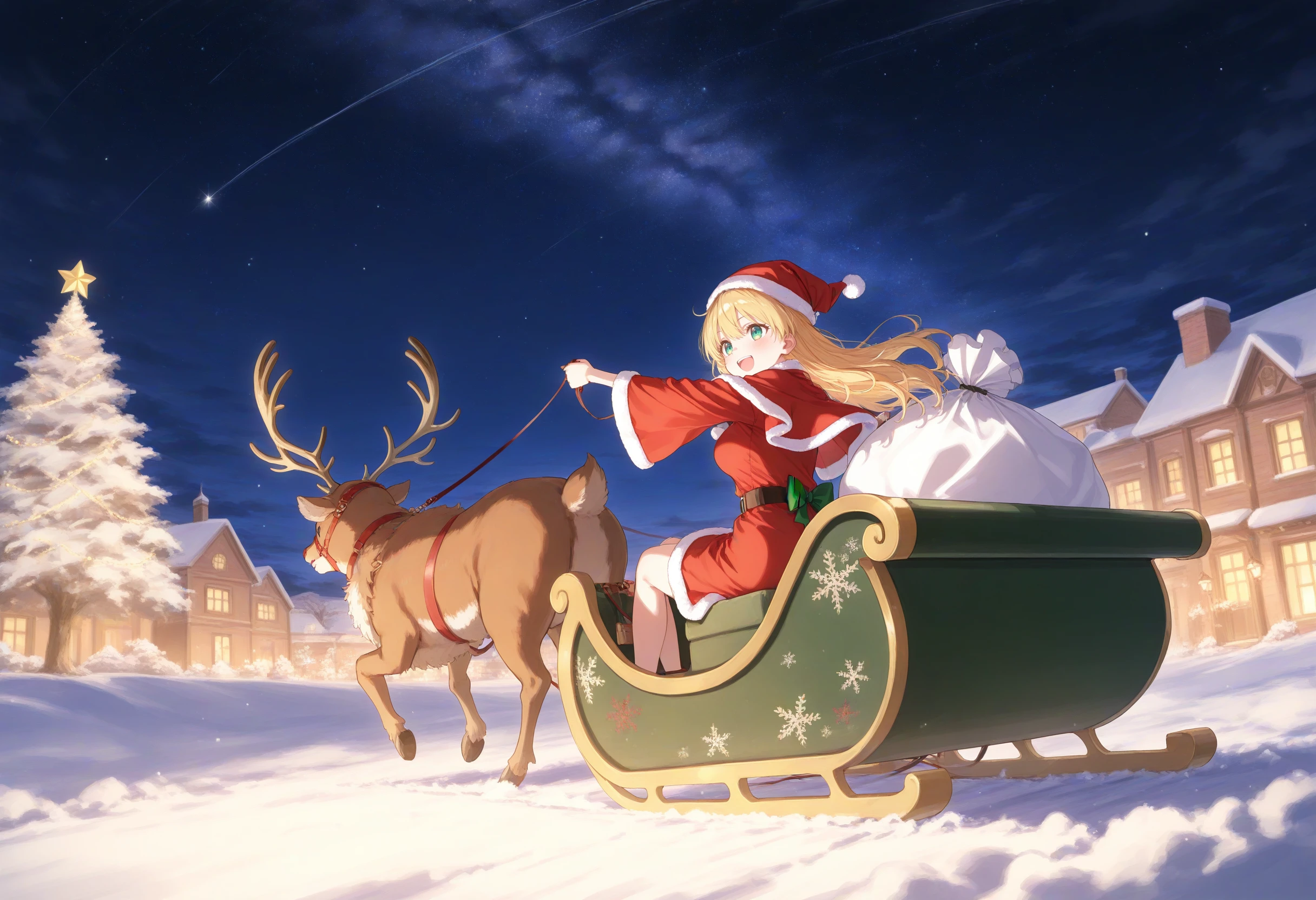 1girl,(sho \(sho lwlw\):0.7),(toosaka asagi:0.5),(sincos:0.3),solo,
masterpiece, best quality, newest, absurdres, CG, anime, source anime, illustration,
medium breasts,
santa hat, santa costume, sleigh, reindeer, capelet, sack, christmas, leash, star (sky), sled, night, starry sky, night sky, flying, sitting, outdoors,wide shot,   <lora:sleigh_Illust_v1:0.8>