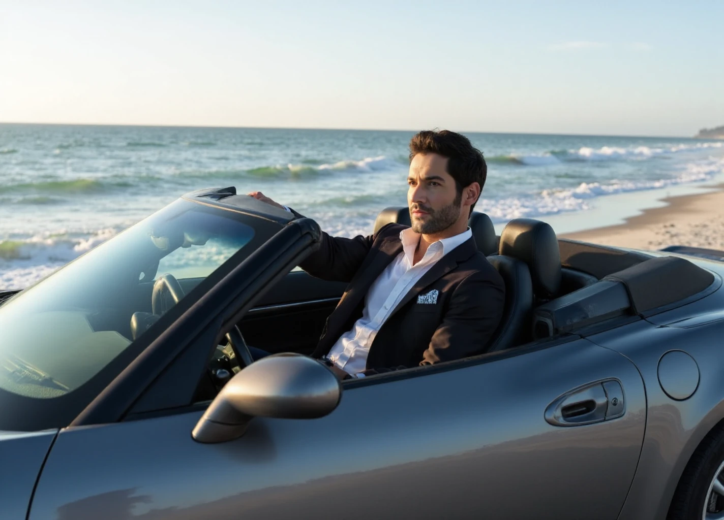 <lora:Lucifer:0.9> lucifer, a man with facial hair, wears a suit and is driving a convertible sports car along the beach