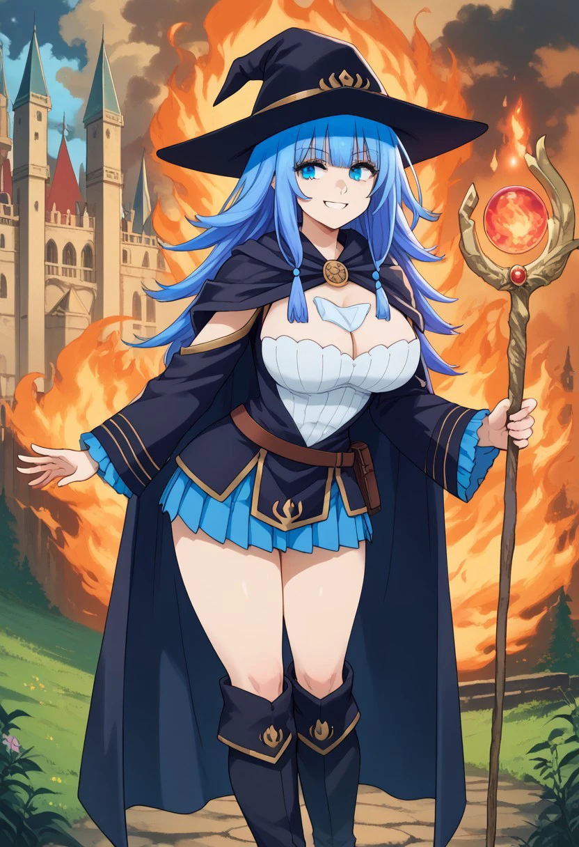 charlotte_wraith, blue eyes, blue hair, mage, black hat, cape, boots, short skirt, large breasts, thick waist, thick thigh, smile, leaning over, magic staff, fire, castle, cloudy, csr style, mammoth_metal_style
absurdres, high quality, score_7_and_up