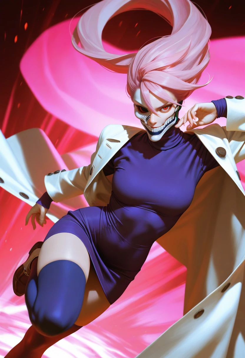 masterpiece, best quality, realistic,
dynamic pose, dynamic angle, fighting stance, split legs, kicking
 <lora:Aira Dandadan [IL]:0.9> 1girl, aira, pink hair, red eyes, mask, white mouth mask, long hair ||2.  white long coat, turtle neck, long purple dress, thigh highs, shoes,