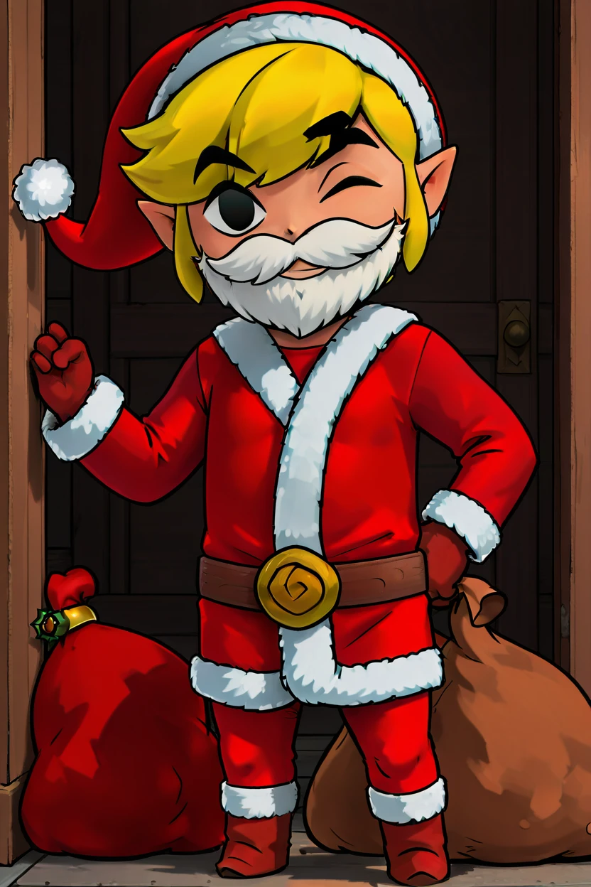 masterpiece, best quality,   zzSantaLink, 1boy, solo,  Santa Link, hat, one eye closed, facial hair, christmas, beard, santa costume, mustache, sack, gloves, belt, black eyes,  smile, looking at viewer,   <lora:SantaLinkIXL_v2:1.0>,