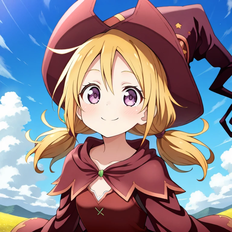 <lora:WitchYggIL:0.9> , widef, 1girl, blonde hair, low twintails, purple eyes, witch, red witch outfit, witch hat, (face), looking at viewer, serene, elegant, graceful, smile, blue sky, , solo, masterpiece, best quality, amazing quality, very aesthetic, high resolution,