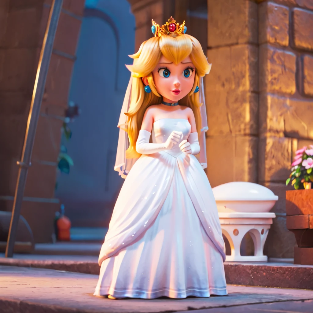 <lora:peachmovie_pony_v1:.8>PeachWedding, princess peach, white dress, 1girl, blonde hair, elbow gloves, jewelry,long hair, blue eyes, earrings, crown, white gloves, wedding dress, strapless dress, bare shoulders, choker, veil